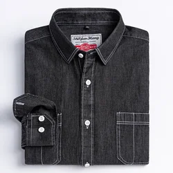 Camisa jeans masculina de manga comprida, camisa casual lisa, bolso único, na moda social coreana, roupa de vaqueiro 100% algodão, nova