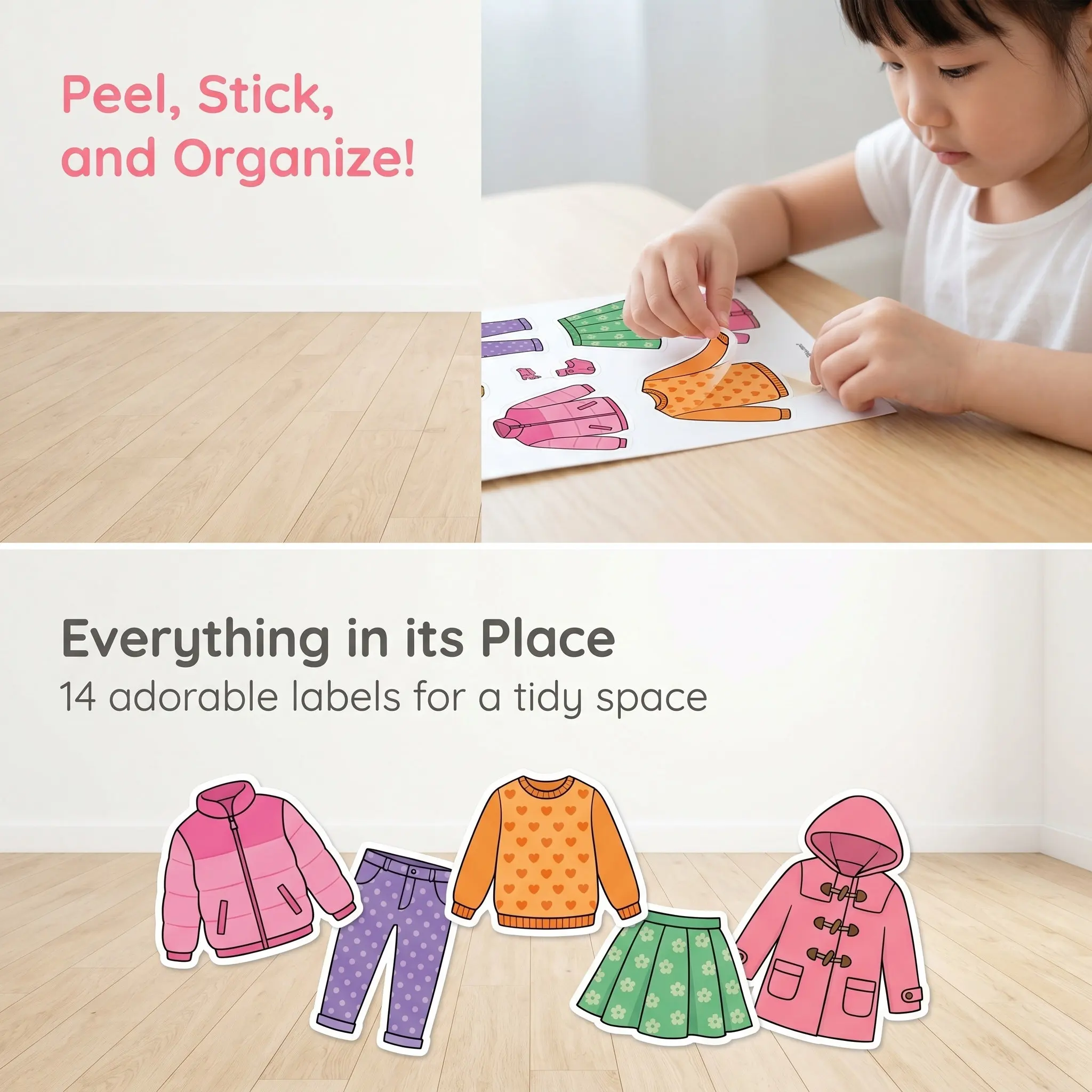 1Set PVC Clothing Labels for Kids Clothes Classification Stickers Wardrobe Dresser Cabinet Nursery Room Decor Easy Peel Stick