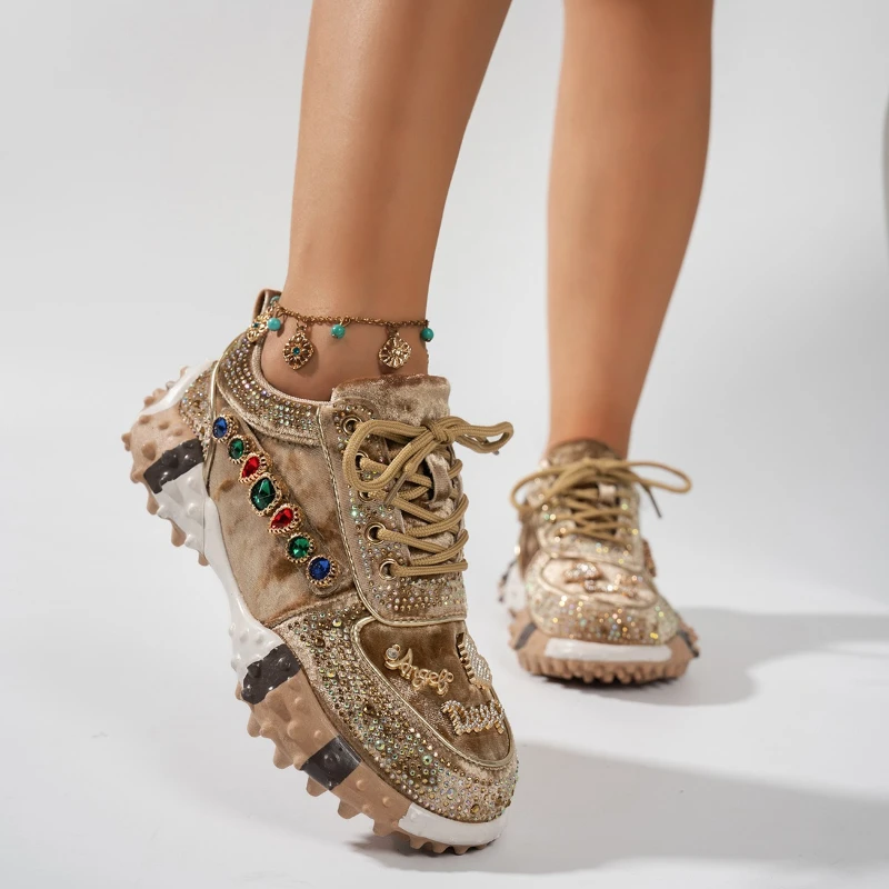 High-quality Thick-soled Round-toe Lace-up Sequined Multi-color Comfortable Anti-slip Breathable Sports and Casual Women's Shoes