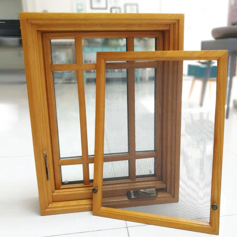 Manivela de aluminio revestida de madera de roble de California americano, ventana abierta, ventanas abatibles con nuevo diseño