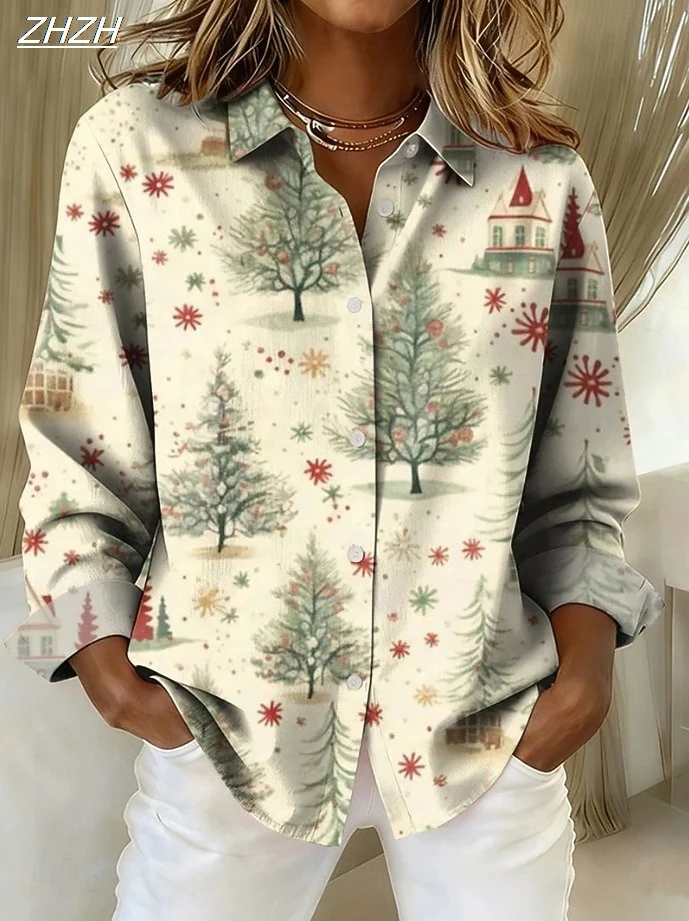 2025 Christmas Women's Geometric Print Blouse, Tropical Vintage Style, Patchwork Button Design, Fall Winter Casual Shirts