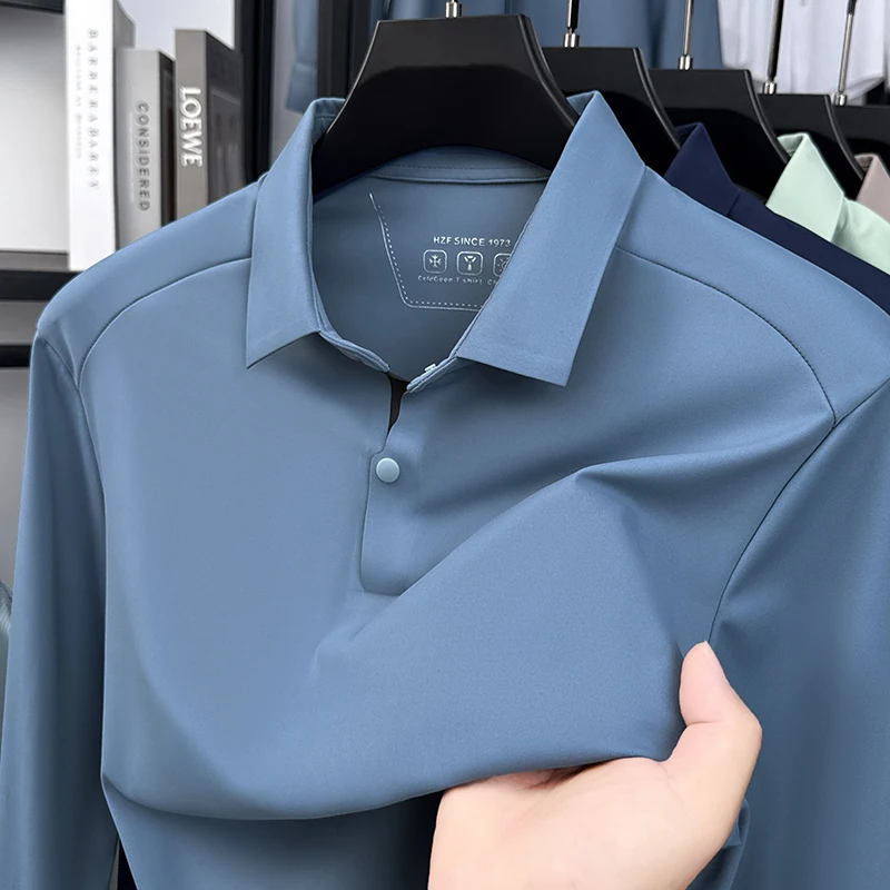 Classic Men's Long Sleeve Polo Shirt Solid Lapel Raglan Sleeve Spring Autumn Business Casual Office Fashion New T-shirt Menswear