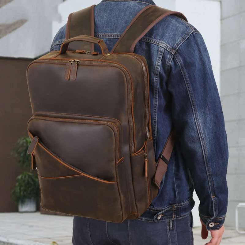 Real Leather Backpack Men Laptop Bagpack Vintage Cow Leather School Bag High Capacity Computer Backpack Anti theft Daypack Man