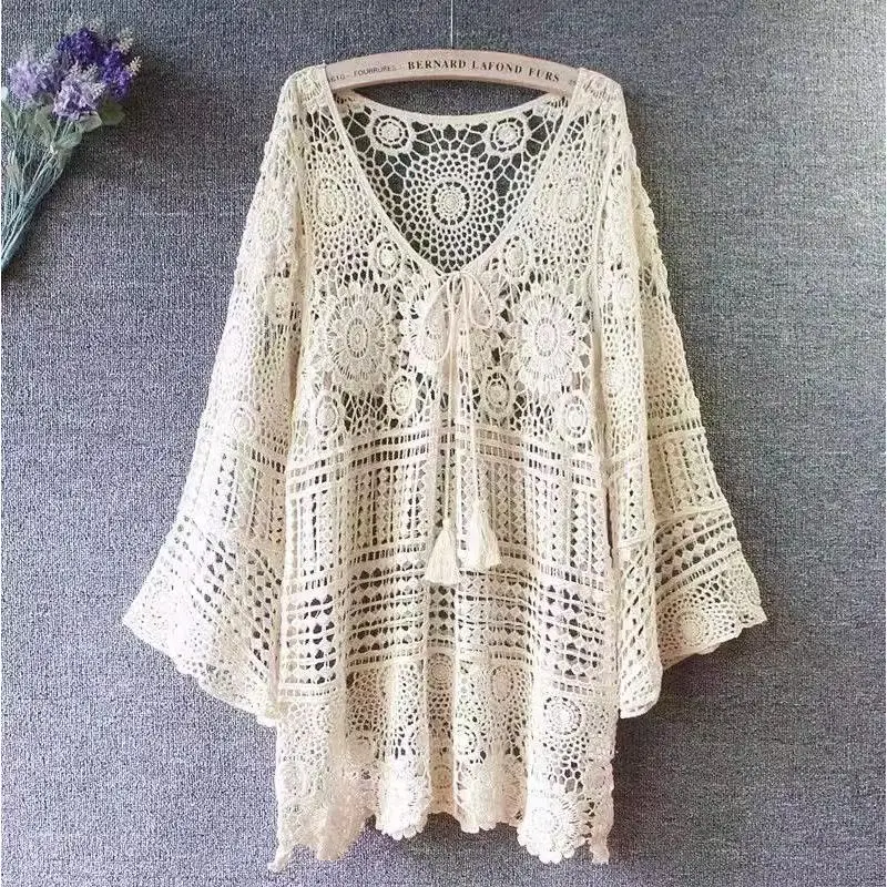 

2024 Summer Retro Ethnic Style Fashion Mid Length Knitted Pullover Solid Color V-neck Lace Loose Lace Hollow Women's T-shirt Top