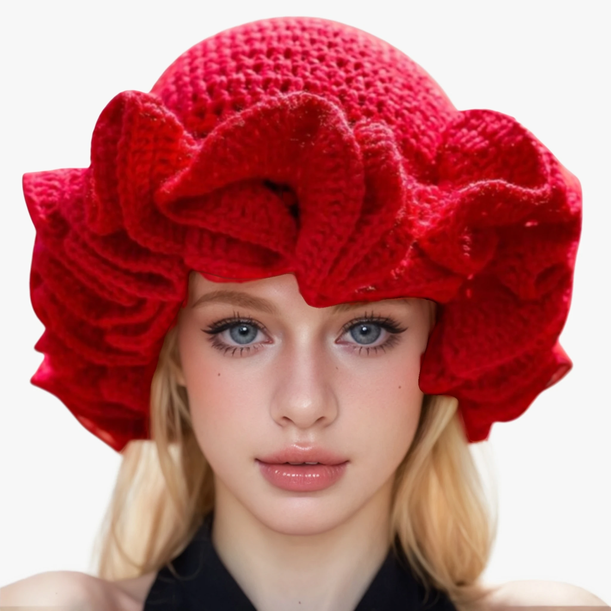 

Handmade knitted hat with pleated ruffle edges and lace for both men and women, quirky and creative adult hat