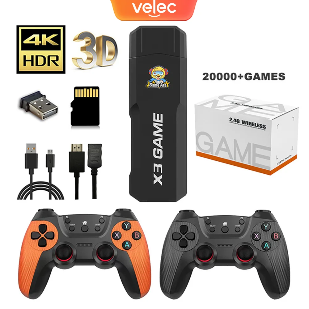 

Velec Game Console Retro Game Stick X3 Max 64GB Built-in 20000 Games Portable Wireless Controller Android TV Stick For Kid Gift