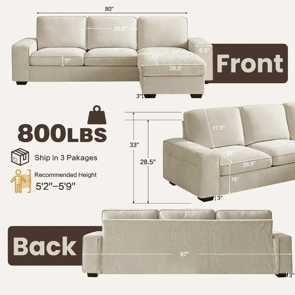 L-Shaped Sectional Sofa with Storage Reversible Chaise USB Type-C Charging Chenille Fabric Removable Covers,Customized