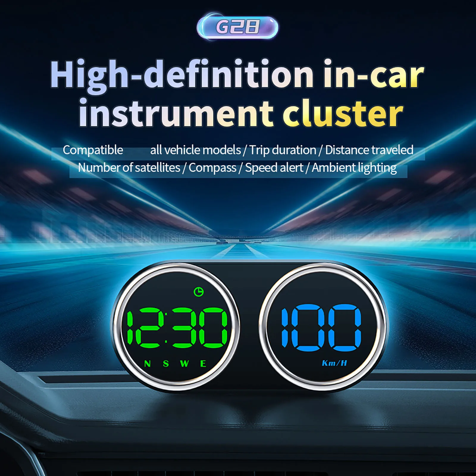 G28 HUD Multiple Color Car Head Up Display Clock Compass Mileage Driving Distance Time GPS Speedometer with Overspeed Instrumen