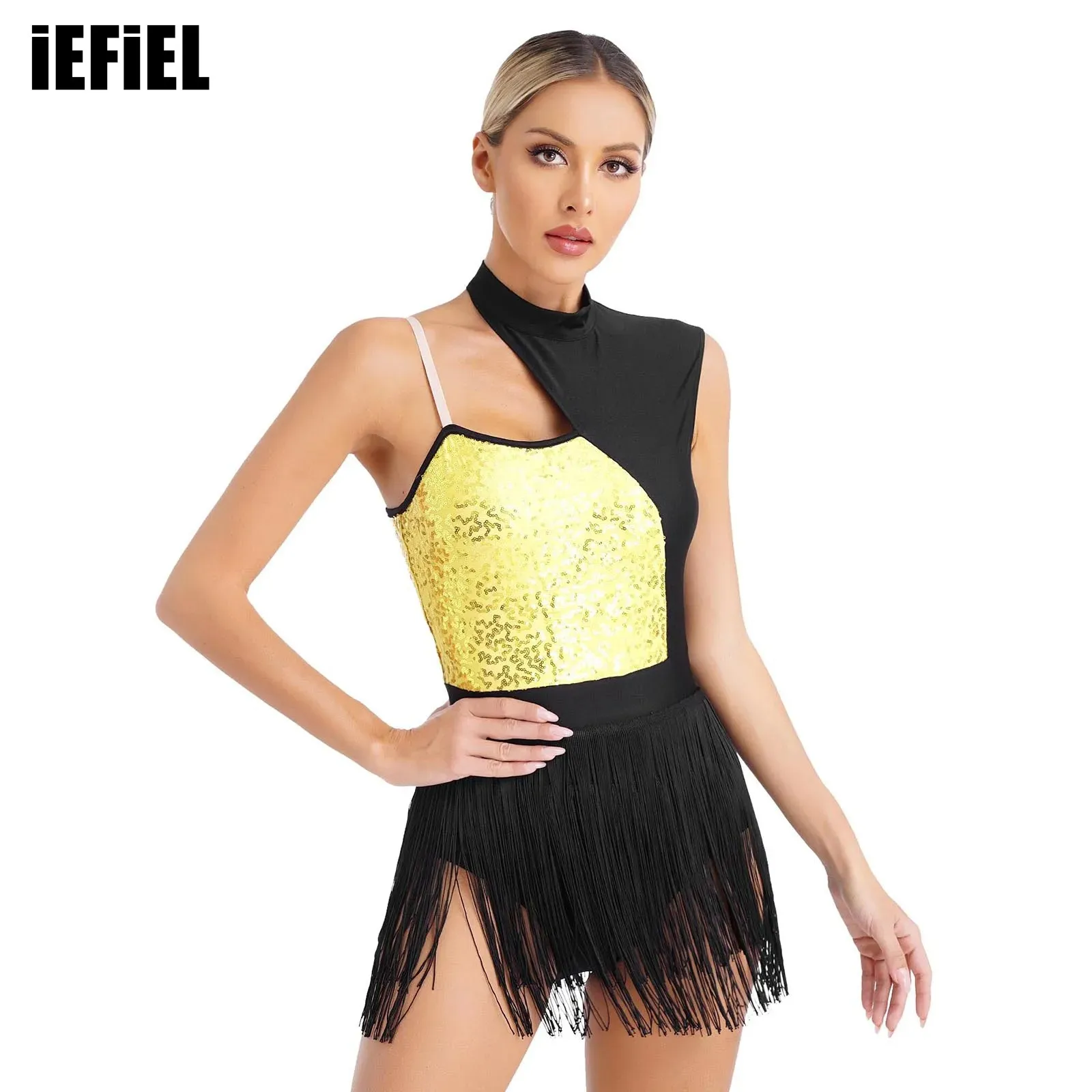 

Womens Latin Dance Leotard Cutout Sleeveless Shiny Sequins Contrast Color Patchwork Fringed Bodysuit for Stage Performance