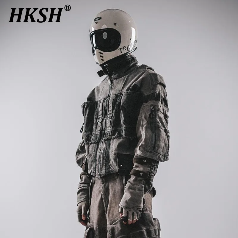 

HKSH Autumn Winter New Men's Tide Punk Heavy Crafted Washed Outdated Short Silhouette Mech Pocket Motorcycle Retro Jacket HK2389