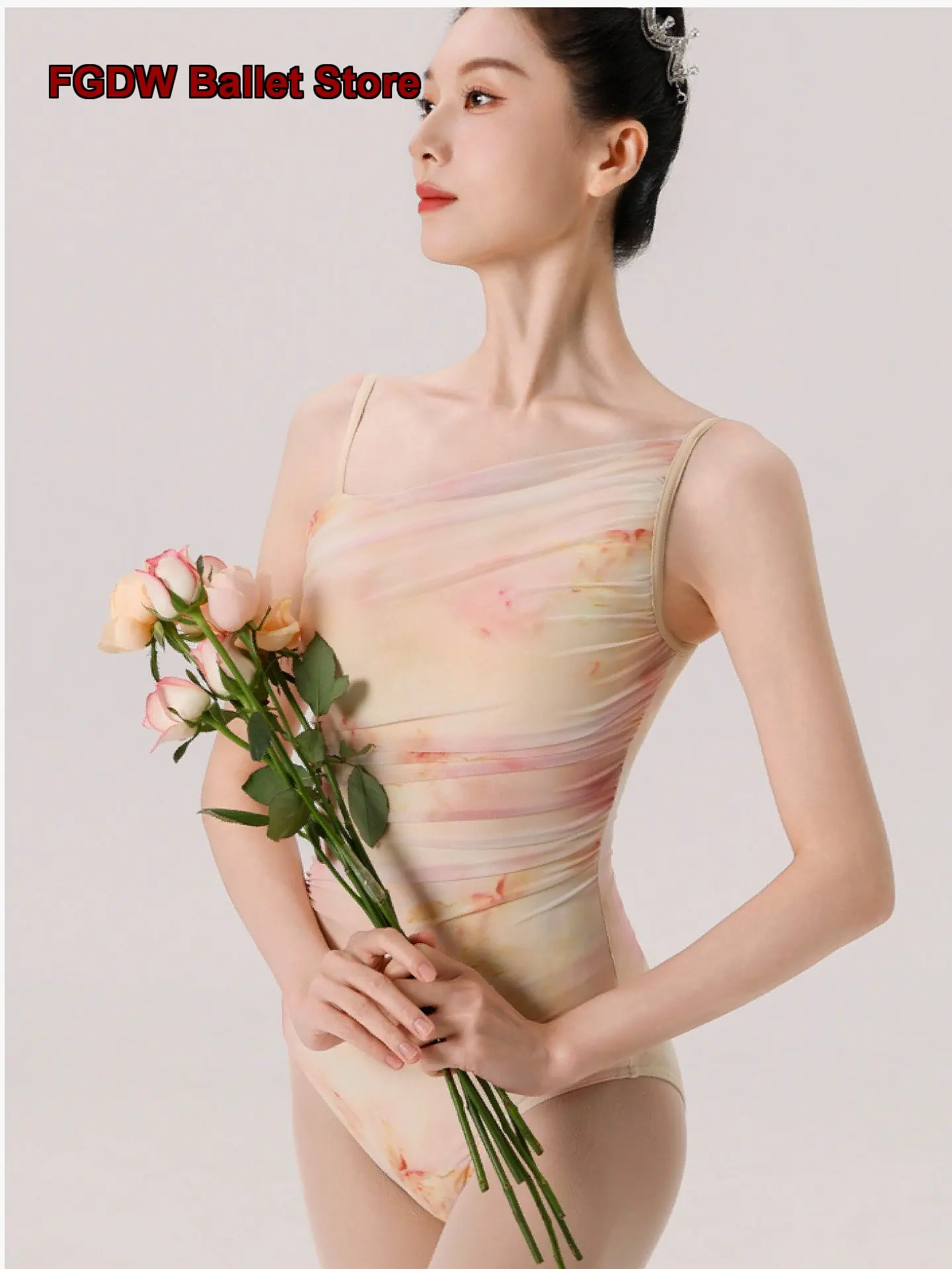 Fubo Women's Adult Mesh Spaghetti Strap One-Piece Leotard Practice Leotard Art Exam Body Basic Training Gymnastics