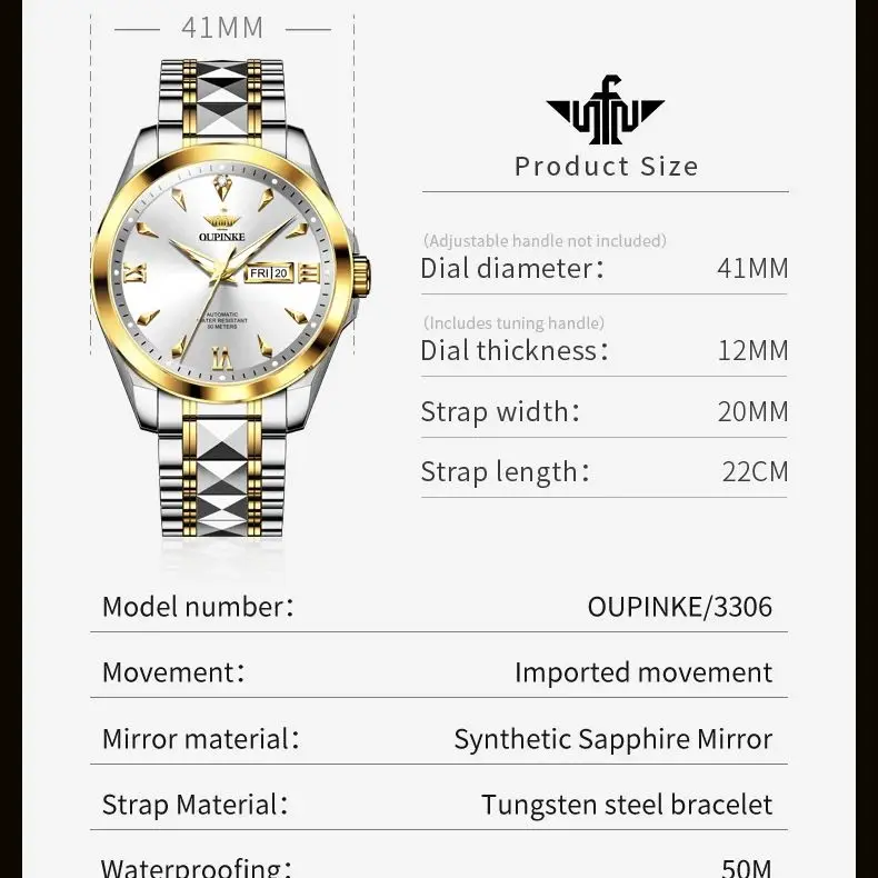 OUPINKE 3306 Real Diamond Mechanical Watch for Men Dual Calendar Display Luminous Waterproof Wristwatch 2025 NEW