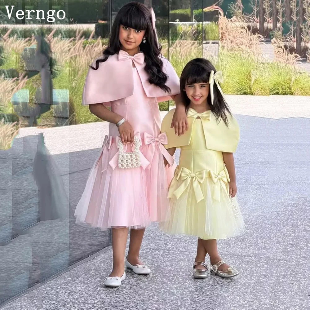 

Verngo Pink/Yellow Satin Elegant Party Dresses For Girls O Neck Bow A Line Princess Flower Girl Dresses