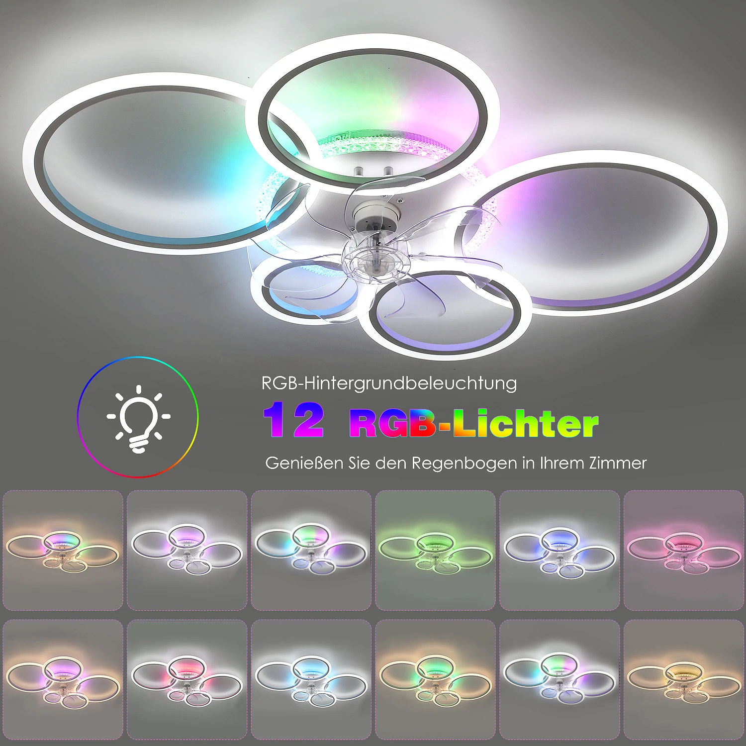 Ventilador de techo RGB con diseño de 5 anillos, con iluminación con control remoto, temporizador de lámpara de techo, sala de estar, dormitorio silencioso, comedor, cocina