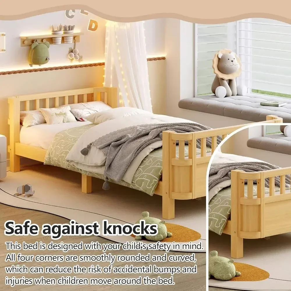 Twin XL Platform Bed with Detachable Footboard, Solid Wood Daybed, Safety Guardrails, Suitable for Kids and Teens, Natural Finis view 3