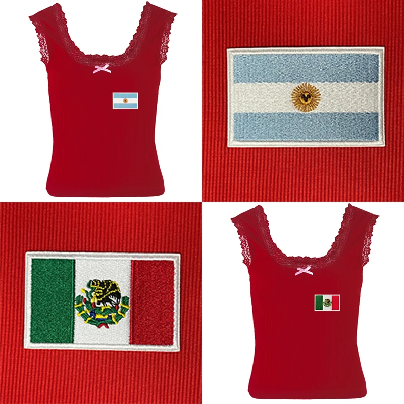 

Brazil Argentina Mexico United States Embroidery Lace Edge Slim Casual Red Cute Crop Tops Summer Fashion Women Streetwear Vest