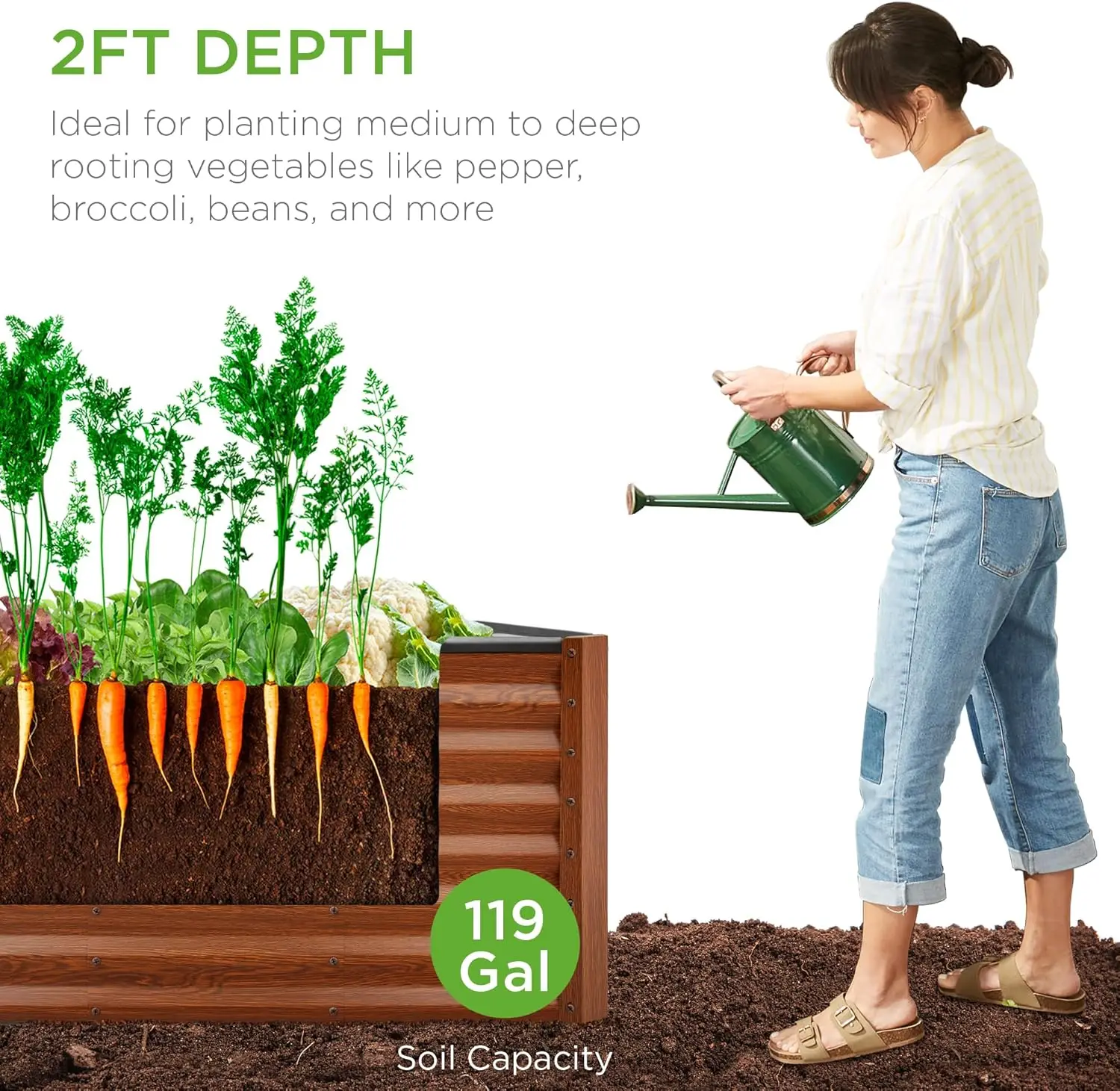 4x2x2ft في الهواء الطلق المعادن أثار حديقة السرير الجذر العميق زارع صندوق للخضروات الزهور الأعشاب ث 119 جالون قدرة الخشب الحبوب #3
