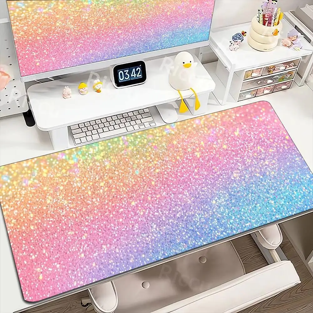 XXL Extended Desk Mat Rainbow Gradient Glitter Gaming Mousepad Non-Slip Stitched Edge Keyboard Carpet for Gamer Office Desk