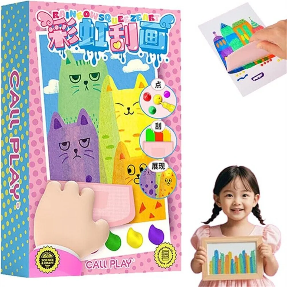 Squeegee Art Kids Paint Kit DIY Painting Rainbow Dot Color Scratch Craft Set Graffiti Scratch Painting Paper with Paint for Kids