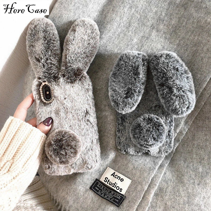 3D Cute Rabbit Ears Furry phone case For iPhone 5S 6 7 8 Plus X XR XS MAX 11 Pro Hairy Warm For Samsung S8 S9 S10 Note10 9 Cover