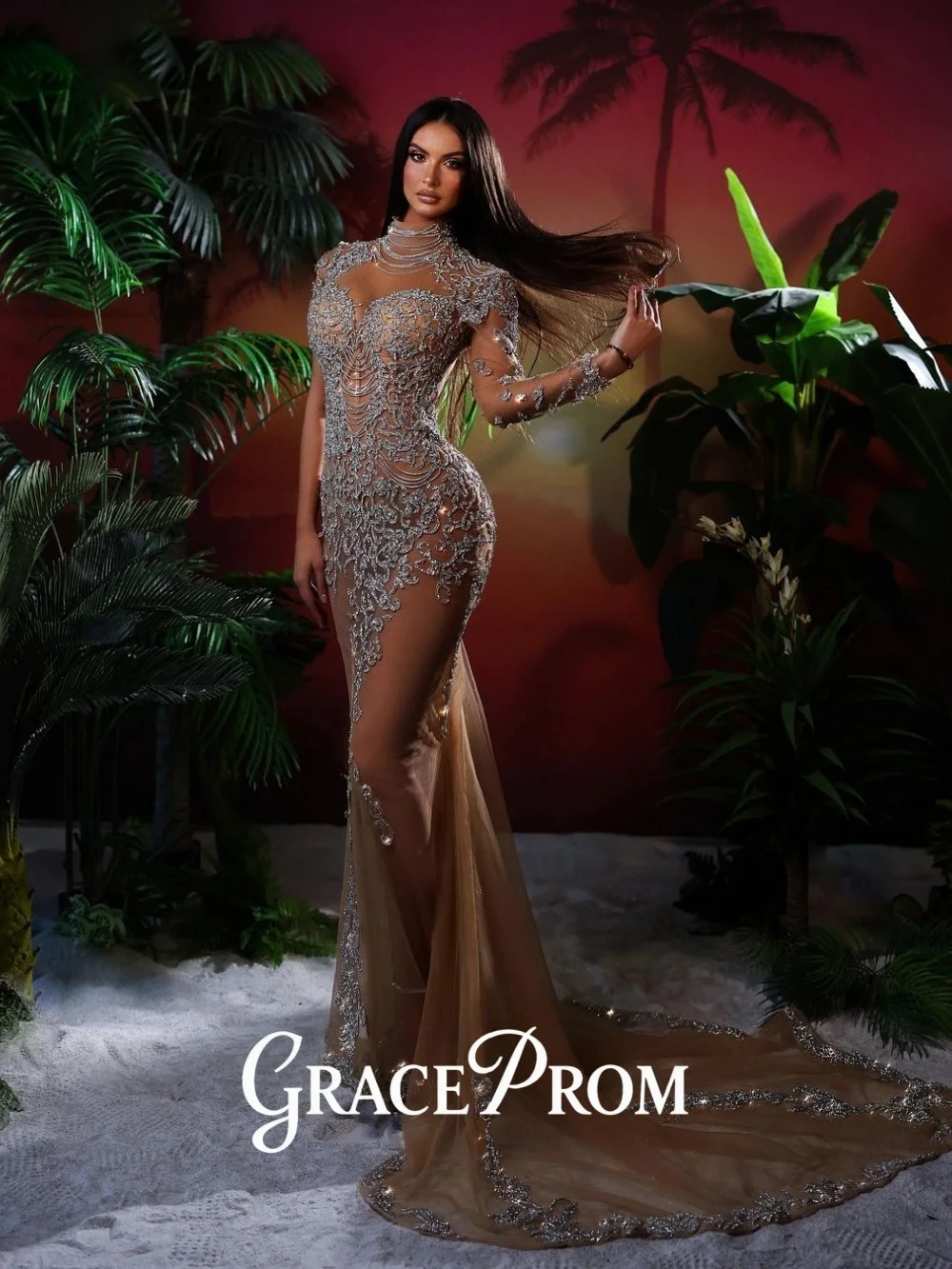 

GraceProm Glamorous High-Neck Evening Dress 2026 Sheer-Lace Carpet Gown Fashionable A-line Floor-Length Party Gown فساتين