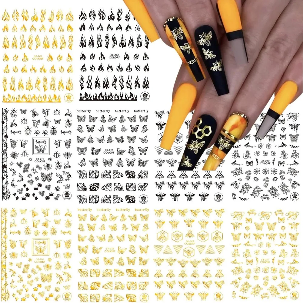 Gold and Black 10-Sheet Nail Art Stickers: Butterfly, Bee, Flame Designs for DIY Manicure