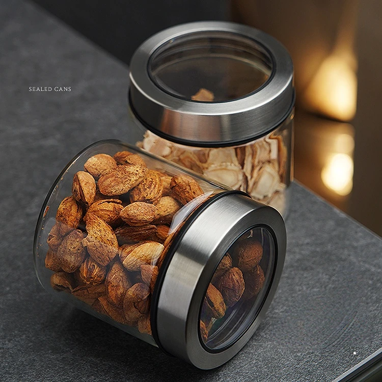 Creative Transparent Glass Storage Jar Kitchen Tea Coffee Bean Storage Bottle Moistureproof Sealed Jar Metal Lid Home Decoration