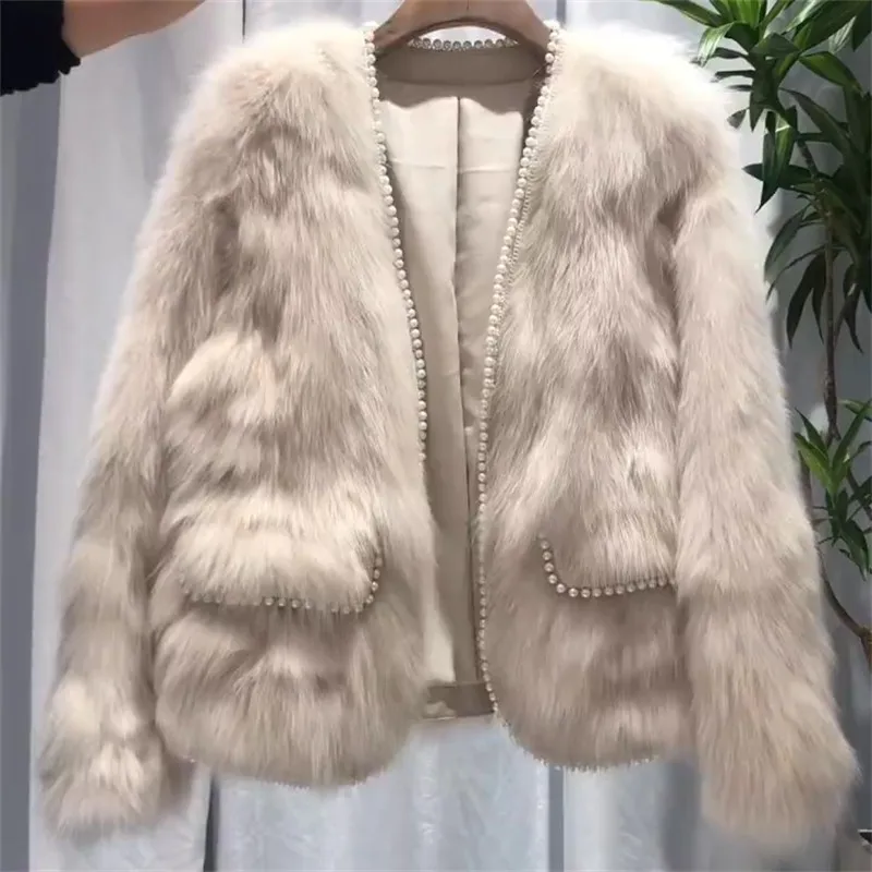 Faux Fox Fur Coat Women Winter Pearl Imitation Fox Hair Short Thick Young Lady Pocket Overcoat Fashion Elegance Luxury Jackets