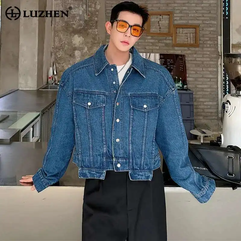 LUZHEN Personality Denim Short Jacket Men's High Fashion Street Solid Color Washed Trendy Coat 2025 Short New Clothes LZ8956
