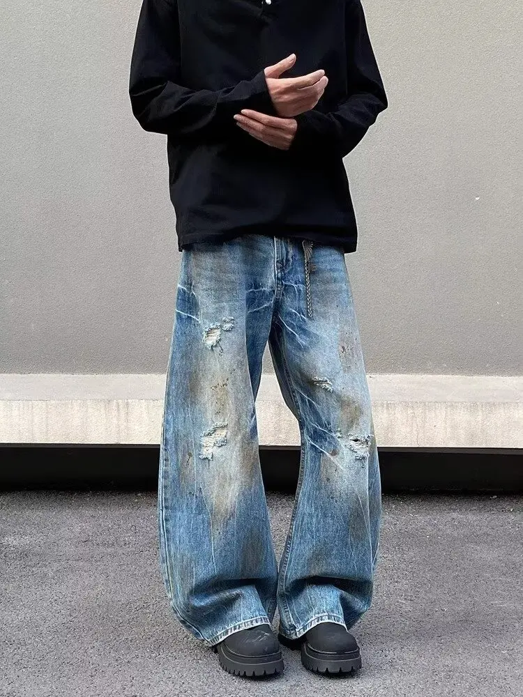 2000S Kleidung Y2K Grunge Old Dirty Washed Blue Baggy Zerrissene Jeans Hosen Für Männer 90S Vintage Kleidung Denim Hosen Ropa Hombre – Detail 6