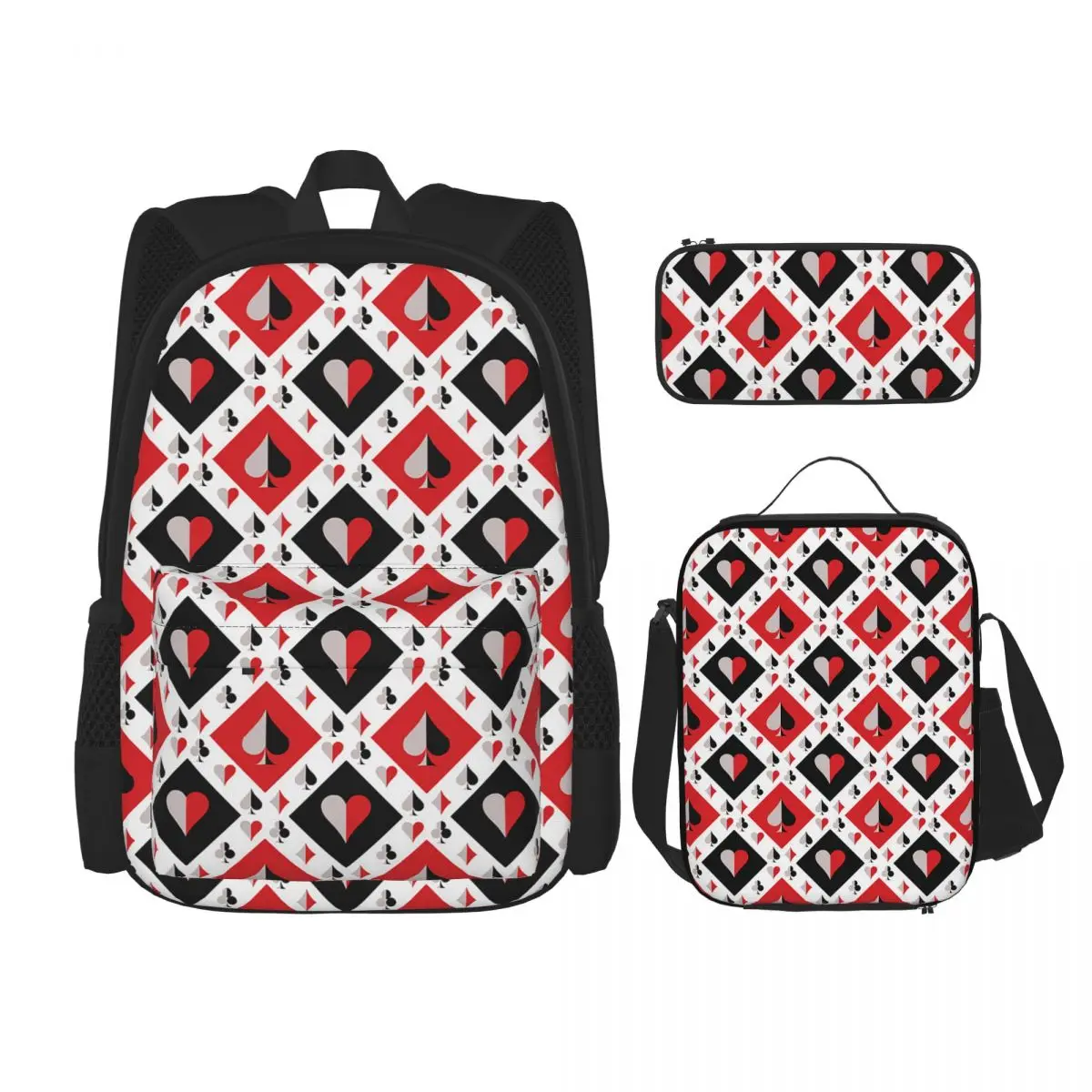 Playing Cards Poker Print Backpacks Boys Girls Bookbag School Bags Rucksack Lunch Bag Pen Bag Three-Piece Set