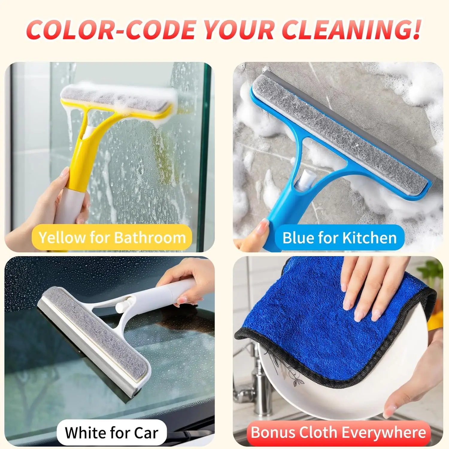 3-in-1 Glass Cleaning Tool for Home Bathroom Mirror and Windows, Water Wiper Squeegee for Shower and Glass Surfaces