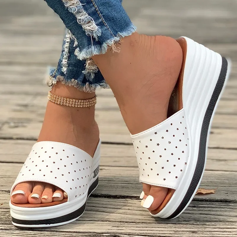 High-heeled Flat Wedge Heel Open Toe Simple Women\'s Sandals 2024 New Hot Selling Solid Color PU Shoes for Women Zapatos De Mujer