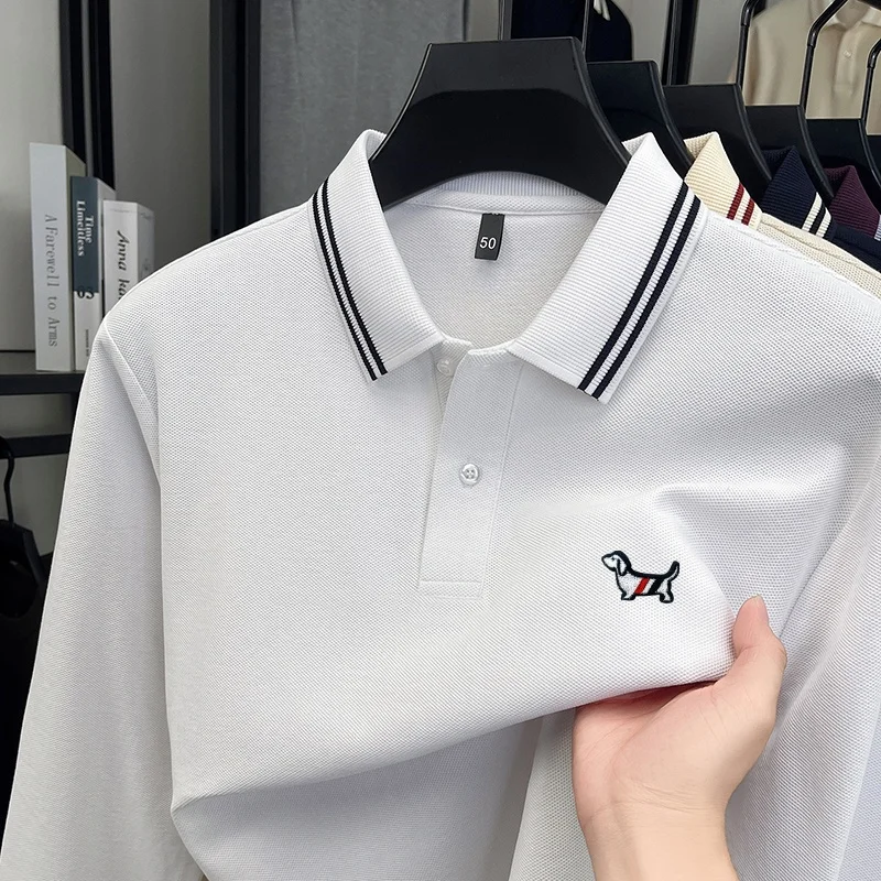 

100% Cotton Designer Original Men's Long Sleeve Polo Dog Embroidery Striped Collar Soft Breathable Casual Business Top Mens Wear