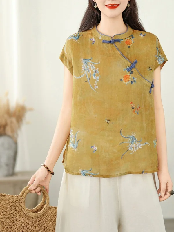 

Женский летний топ на пуговицах из хлопка и льна в китайском стиле в стиле ретро с цветочным принтом, традиционный топ на пуговицах в стиле ретро