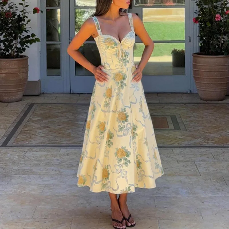 Vintage Blumendruck Sommer Trägerkleid Sexy V-Ausschnitt Tie-up Hohl Damen Partykleid Frühling Rückenfrei Reißverschlüsse A-Linie Boho Langes Kleid