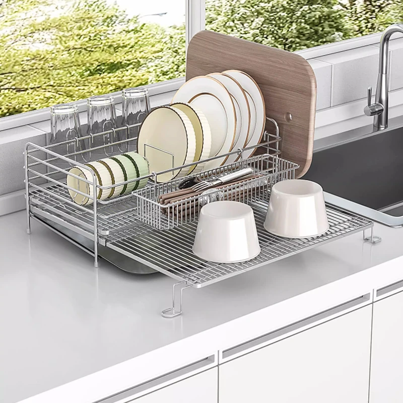 

Stainless Steel Double Tier Dish Rack Foldable Expandable Dry System Detachable Cutlery Holder Multi-Purpose Kitchen Organizer