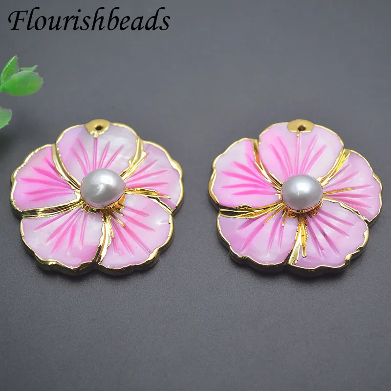 Luxury Pink Shell Natural Pearl Gold Plated Flower Shape Pendant for Women DIY Fashion Jewelry Making