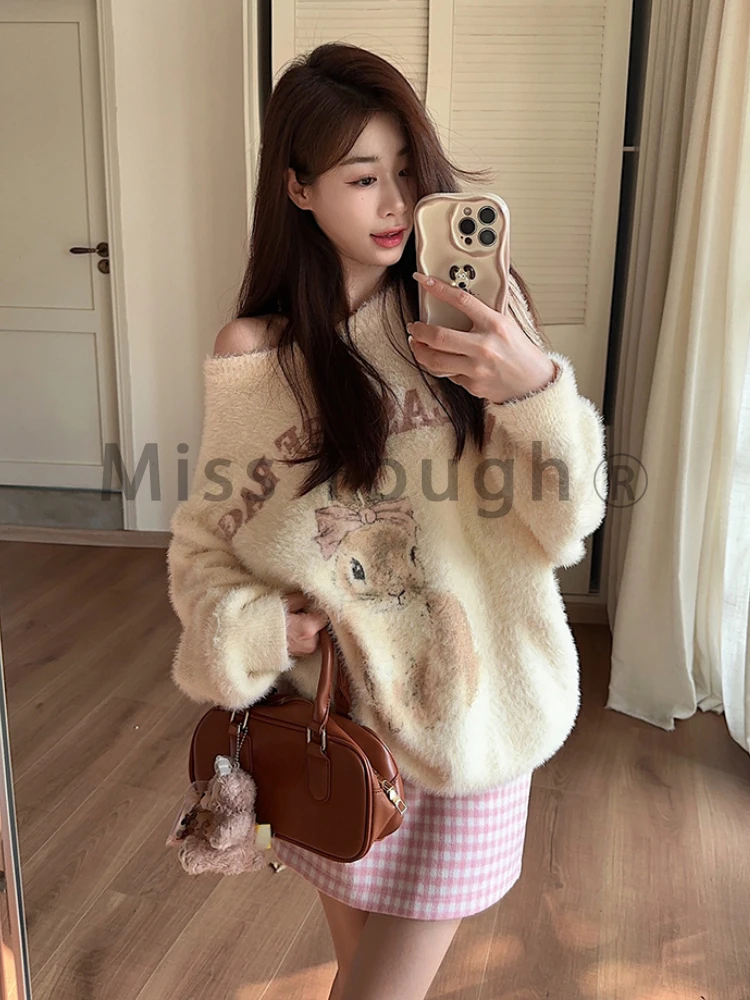 Winter Kawaii Knitted 2 Piece Set Women Casual Sweet Print Sweater + Plaid Skirt Suit Female Korean Fashion Vintage Cute Set New