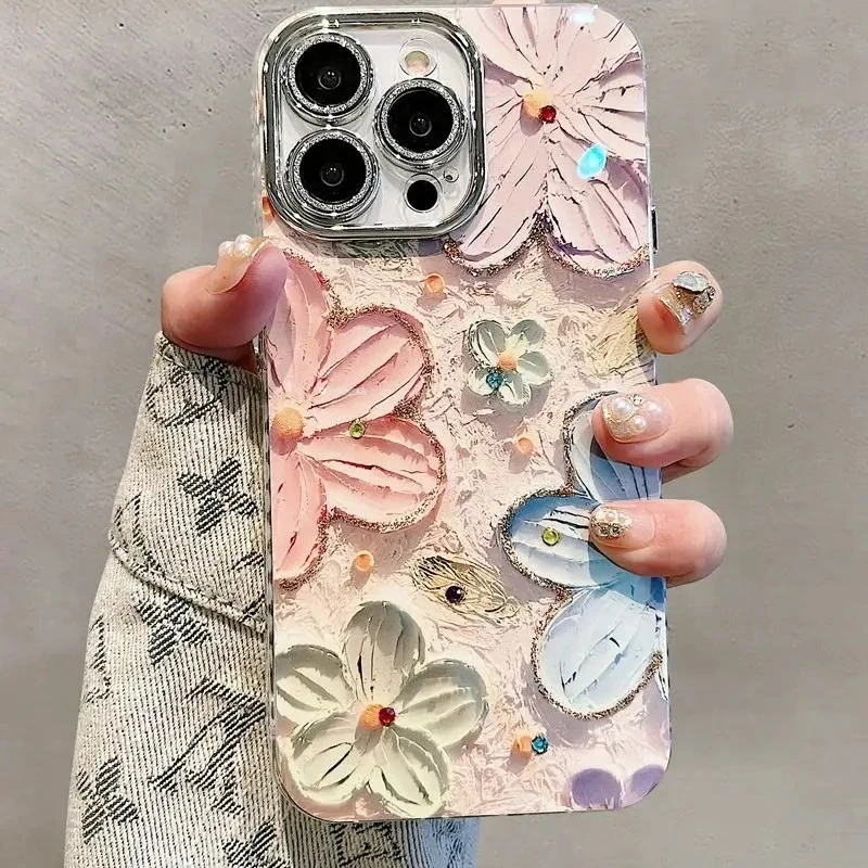 Doce flores glitter laser caso de telefone para iphone 16 pro max 15 14 plus 13 12 11 diamante macio à prova de choque lente proteção capa