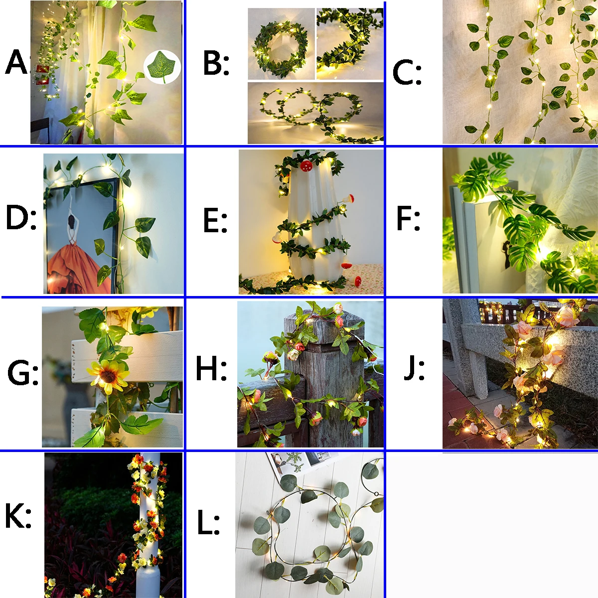 Guirnalda de luces de vid Artificial para decoración del hogar, guirnalda navideña alimentada por USB y batería, flor, hoja verde, 2M-10M