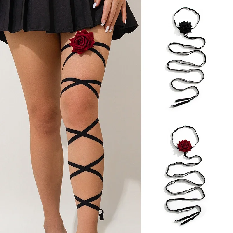 Gothic Multilayer Black Elastic Band Leg Thigh Chain Women Sexy rose butterfly Harness Cosplay Harajuku Body Jewelry Anklets