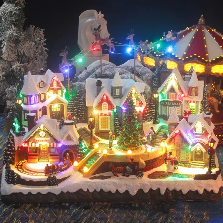 Christmas Village House, Colourful LED Lights with Christmas Music, Rotating Christmas Trees and Flying Santa & reindeers