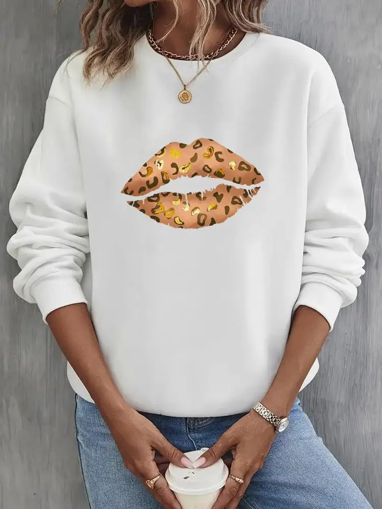 

Clothing Pullovers Leopard Lip Cute 90s O-neck Print Fashion Lady Fleece Casual Women Cartoon Graphic Sweatshirts