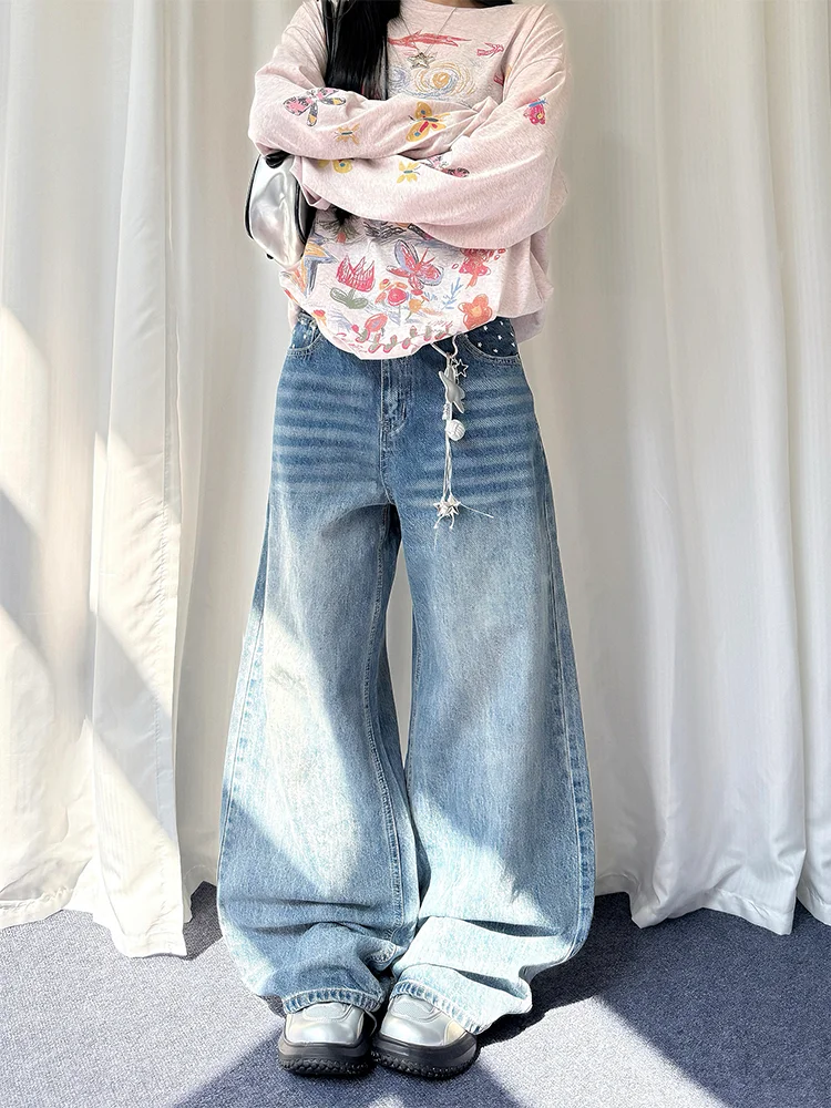 

plus Size American Retro Washed Denim Pants Women High Waist Wide Leg Casual Loose Blue Long Trousers Comfortable Daily Wear