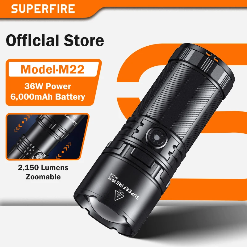 2025 SUPERFIRE M22 (Y2) Hochleistungs-Zoom-Taschenlampe mit großer Reichweite, wiederaufladbar, starkes Licht, 18650-Akku, Notfalllaterne