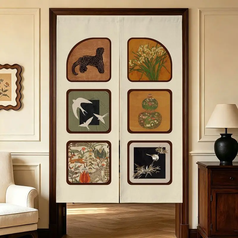 Retro Checkered Cartoon Black Cat Door Curtain, Butterfly Tulip Pattern, Home Use, No Punching, Room Cover, Decorative Curtain