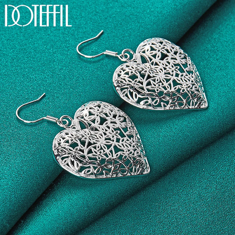 DOTEFFIL 925 Sterling Silver Hollow Heart Flower Earrings For Women Best Gift Wedding Engagement Jewelry