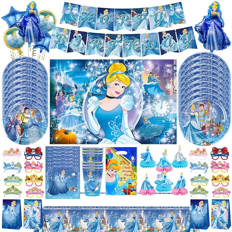 Décoration d'anniversaire Cendrillon, thème princesse, vaisselle, tasses, assiettes, ballons, toile de fond, bannière, sac en papier, fournitures de décoration de fête pour filles