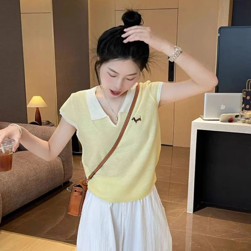 Women's Summer Knit Polo T-Shirt Contrast Color Collar Embroidery Ice Silk Top Slim Fit Short Sleeve Casual Blouse
